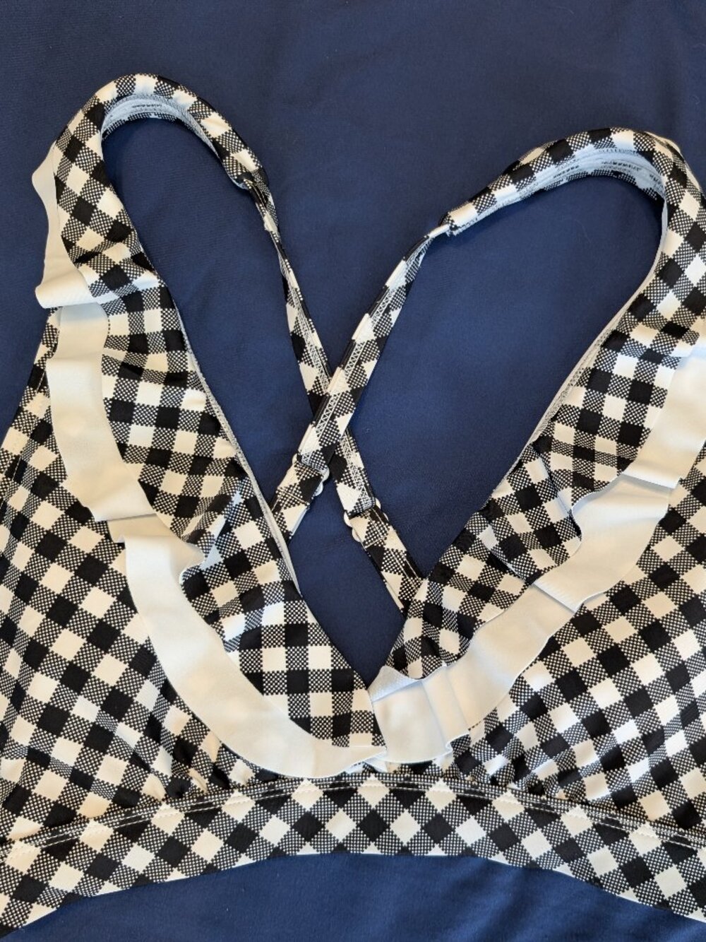 NWT medium Unique Vintage black and white ruffle gingham halter bikini swim top